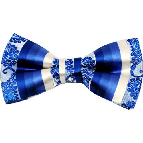 Classico Italiano Royal Blue / White Paisley Design 100% Silk Bow Tie / Hanky Set